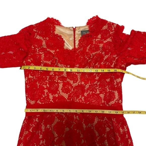 Theia Red Lace Midi Shift Dress US 10 Red Nude Sleeves Belted - Picture 3 of 7